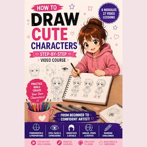 Può includere: Una guida al corso video How to Draw Cute Characters con 6 moduli e 27 lezioni video. La copertina mostra un personaggio illustrato che disegna su un album, con matite colorate in una tazza rosa e testo che descrive le istruzioni passo dopo passo.
