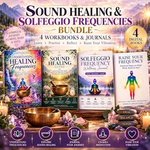 May include: A digital bundle of four workbooks and journals titled Sound Healing & Solfeggio Frequencies. The covers feature illustrations of singing bowls, chakras, and landscapes. Includes text: Understanding Healing Frequencies, The Sound Healing Guide, Solfeggio Frequency Wellness Journal, and Raise Your Frequency.