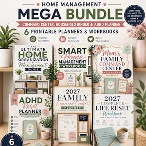 Peut inclure: Un ensemble de gestion domestique comprenant six planificateurs et cahiers d'exercices imprimables, incluant le guide d'organisation de la maison, le manuel de gestion domestique, le planificateur familial, le planificateur TDAH et des cahiers de réinitialisation.