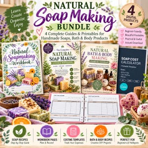May include: A natural soap making bundle featuring three instructional books, a soap cost calculator template, and an open cost calculator binder. The covers display text including Natural Soap Making Bundle, Natural Soapmaking Workbook, The Complete Natural Soap Making Guide & Workbook, and Natural Bath & Body Making Handbook & Workbook, alongside illustrations of soaps, lavender, and citrus.