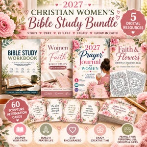 May include: A 2027 Christian Bible study bundle featuring five digital resources including a workbook, a prayer journal, a coloring book, and 60 scripture affirmation cards. The collection is decorated with pink floral accents and text.