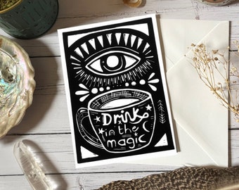 Coffee lover card, greeting card, witchy