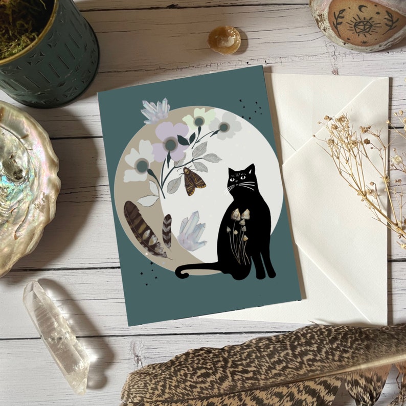 Black cat card, cat birthday card, witchy friend image 1
