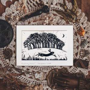 Hare linocut, Lino print, woodland animal, whimsical art, coming home trees