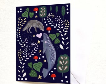 wolf and whale card, greeting card