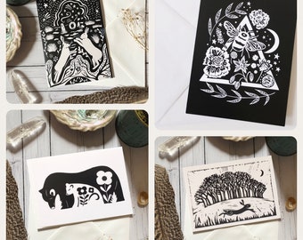 Pack of four, Lino cards, pick your own, nature cards