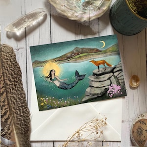 Mermaid and Fox Greeting Card, Cornish Coastline Art