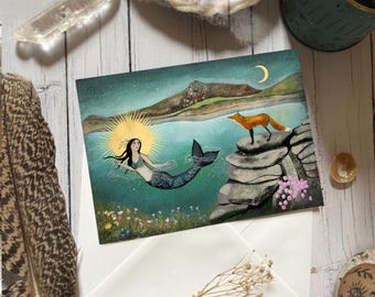 Mermaid and Fox Greeting Card, Cornish Coastline Art
