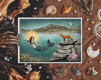 Mermaid and fox illustration - whimsical art - mermaid print