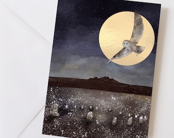 Owl greeting card, stone circle, pagan card