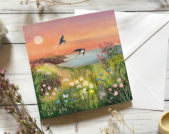 Swallows Coastal Sunset Card, Cornish Scene Blank Card