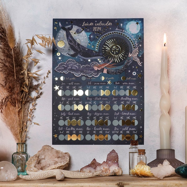 lunar calendar - moon phase calendar - celestial mermaid and whale - gold foil, 2024
