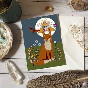 Reste sauvage enfant de la lune, carte de voeux, carte de renard, carte d'anniversaire, je pense à vous