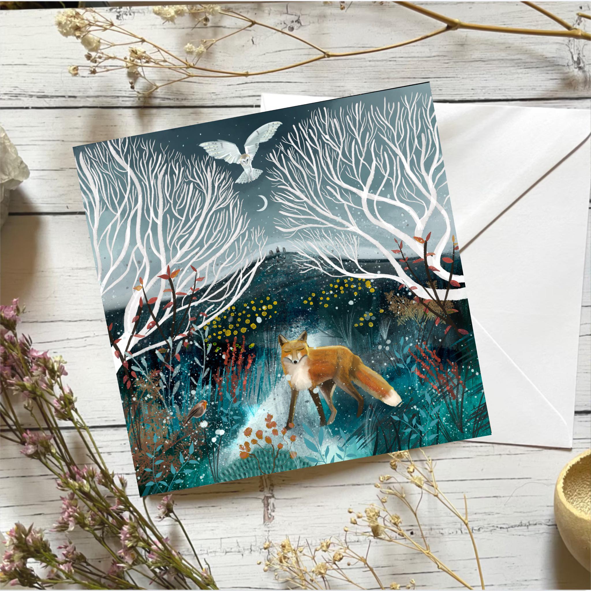 Winter Fox Greeting Card: Yule Owl Design
