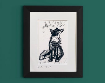 Fox art, fox Lino print, wall art