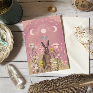 Tarjeta de felicitación de liebre, fases de la luna, tarjeta en blanco,