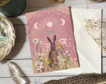 Hare greeting card, moon phases, blank card,