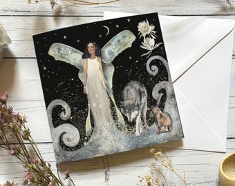 Moon Angel - greeting card - wolf art - hare card