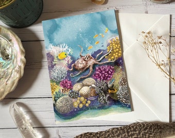 Octopus greeting card, coral reef, blank card