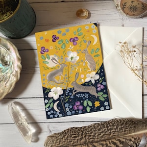 Cartão de felicitações de lebre, cartão em branco, cartão floral