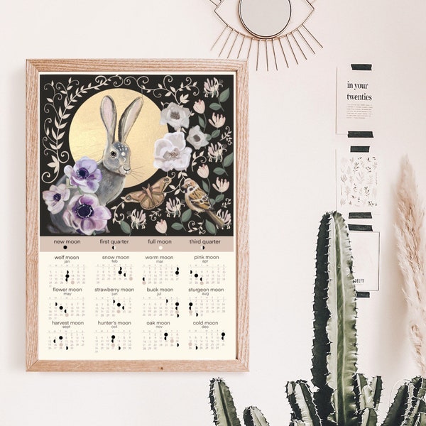 Moon phase calendar, 2021, moon print, digital download, witchy decor