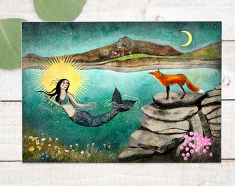 Mermaid and fox, mermaid greeting card, coastal card