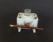 Hand Painted Vintage Porcelain Ink Well, Desk Set, Ladies Desk Accessories, Office Decor, German Porcelain