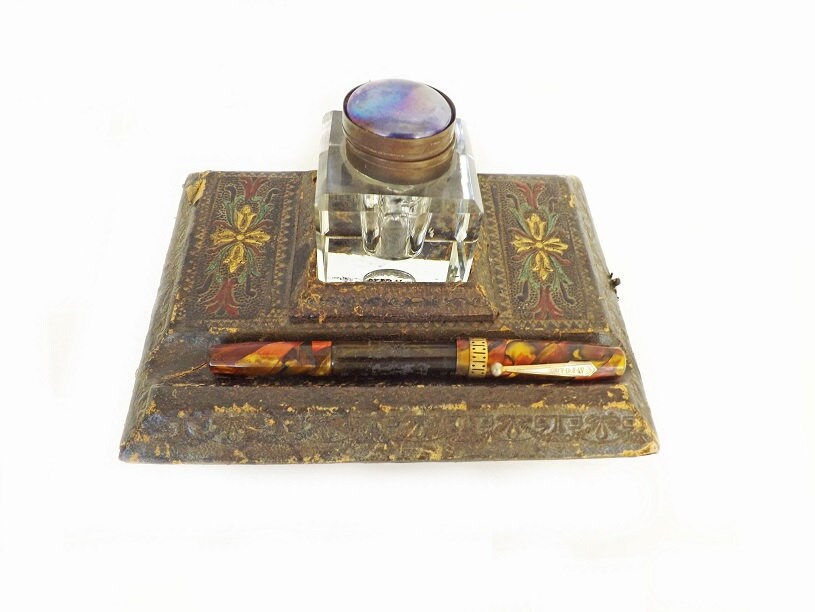 Antique Desk Set with Pen Holder and Glass Ink Well Office Etsy