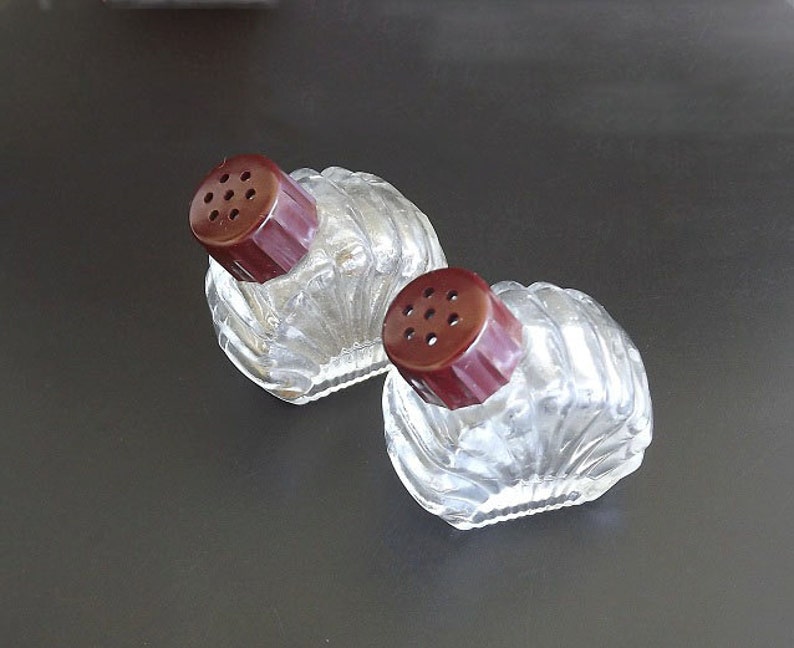 Salt and Pepper Shaker Set Vintage Tray Molded Glass Retro Etsy