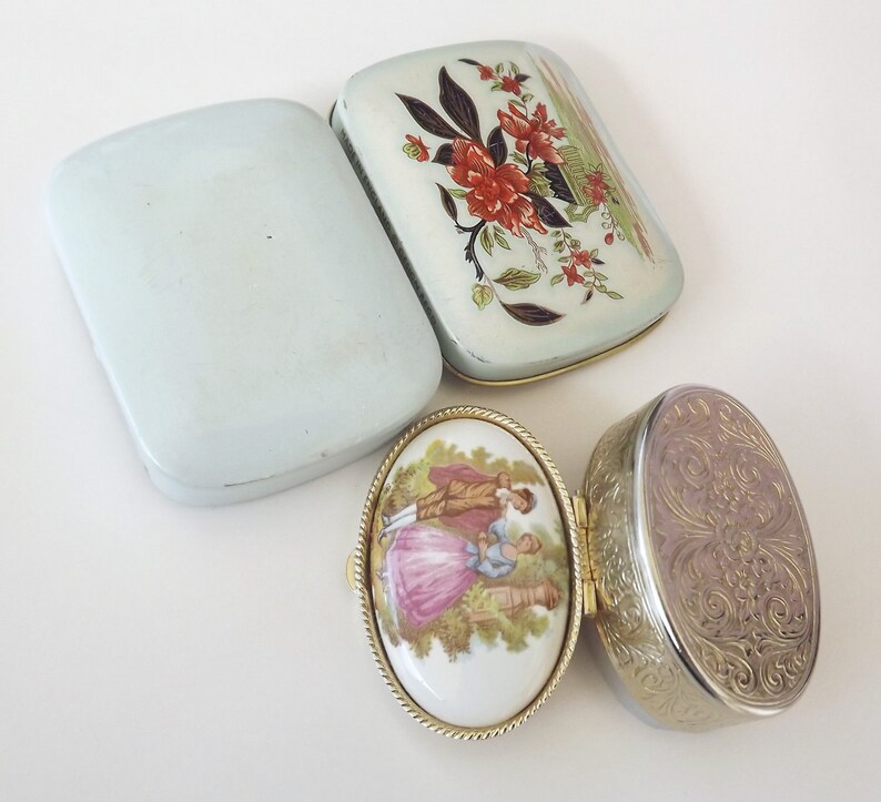 Vintage Trinket Box Set of 2 Porcelain Tin Hand Painted Etsy