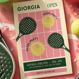 May include: A rectangular invitation card with a cream background featuring a pink grid pattern, two dark green padel rackets, and two yellow tennis balls. Text includes GIORGIA OPEN, PADEL PARTY, SATURDAY, APRIL 10TH, 3PM-6PM, 123 ANYWHERE ST, ANY CITY, ST 12345, and RSVP AT 123-456-789.