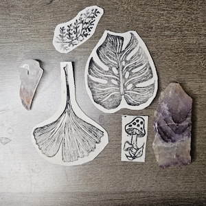 Puede incluir: Un surtido de sellos de arte con temática botánica y cristales dispuestos sobre una superficie de madera. Los sellos presentan diseños de hojas y hongos en tinta negra. También hay dos cristales, uno transparente y otro morado.