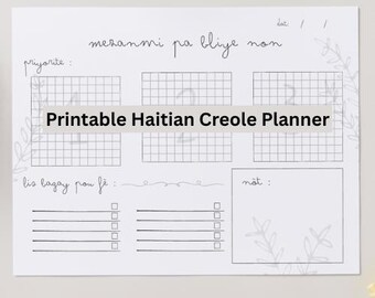 Blocco note giornaliero in creolo haitiano / Elenco delle cose da fare e priorità stampabili / “Mezanmi pa bliye non” / Download digitale