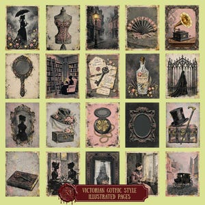53 Victorian Gothic Style Illustrated Pages | Junk Journal Kit Printable Ephemera, Dark Academia Collage Sheets, Frames & Silhouettes