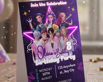 Kpop födelsedagsinbjudan: Redigerbar Canvas-mall med tårtdekoration (digital nedladdning)