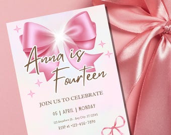 Rosa Geburtstagseinladung mit Schleife | Coquette Teen Party (Digitaler Download)