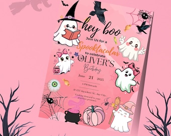 Rosa Geist-Geburtstagseinladung: Spuk-Halloween-Party (editierbare Leinwand)