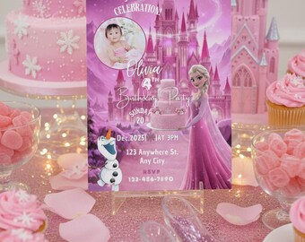 Rosa Frozen Einladungskarte Geburtstag | Schloss Winter, Foto, beliebig (Digitaler Download)