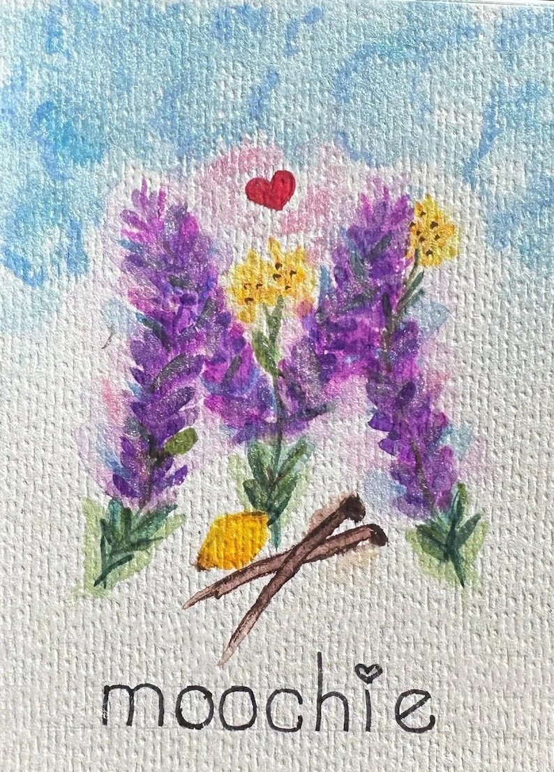 May include: Watercolour painting of the letter "M" formed by purple lavender and yellow flowers, with a red heart above. The word "moochie" is written below the flowers, with a small heart. The background is light blue.