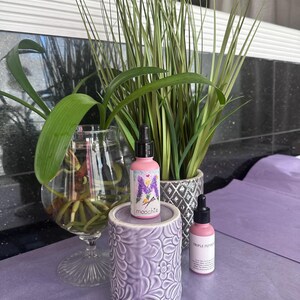 May include: Two pink dropper bottles with black lids and white labels, one with the text "moochte" and a lavender sprig design, the other with "TRIPLE PEPPER". They are on a lavender floral ceramic holder, with a glass vase and potted plants in the background.