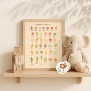 Puede incluir: Una impresión enmarcada con ilustraciones de frutas y verduras, con el texto "My baby is the size of a". Bloques ABC de madera y un elefante de peluche sobre una estantería de madera.