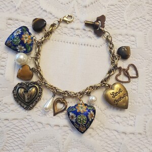 Vintage Cloisonne Heart Charm Bracelet, Locket Love, Boho Bride, Chunky Statement, Pearl, Tigers Eye Stone, Something Blue, Gift for Her/Mom