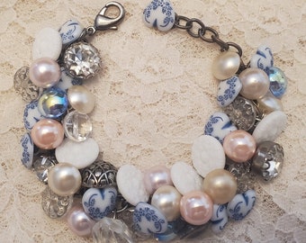 Button Cluster Charm Bracelet, Pretty, Heart Love Pearl Crystal Upcycled, Something Old New Blue Delft, White Pretty in Pink, Handmade Sweet