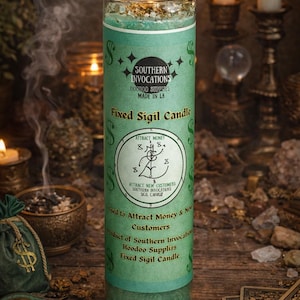 May include: A lit green Fixed Sigil Candle in a glass jar with the text "Southern Invocations" and "Attract Money". The candle is surrounded by other candles, a money bag, and tarot cards.