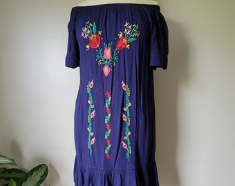 VINTAGE Marineblaues besticktes Kleid Schulterfrei Größe M