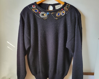 Vintage Juwelier Peter Pan Neck Schwarz Pullover Pullover Gr L