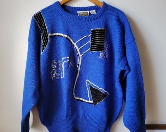 Vintage Anytime Glitz Blue Funky Pullover Sweater Sz L Womens