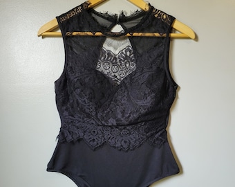 Vintage Black Lace Hi Neck Bodysuit Size Small