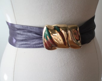Vintage Aubergine lila echtes Leder Gürtel Verschluss Schnalle S