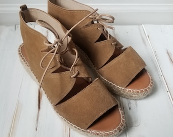 SZ 7 Vintage Leder Oberes Espadrille Lace Up Sandalen